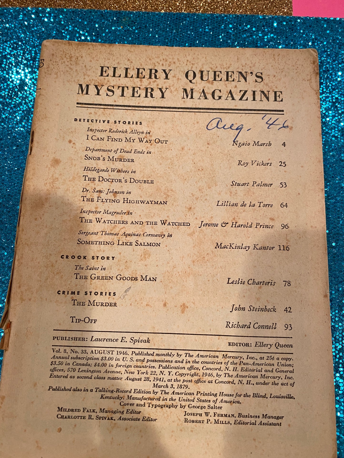 Ellery Queen Mystery Magazine AUG 1946  vol 8 #33   NO COVER