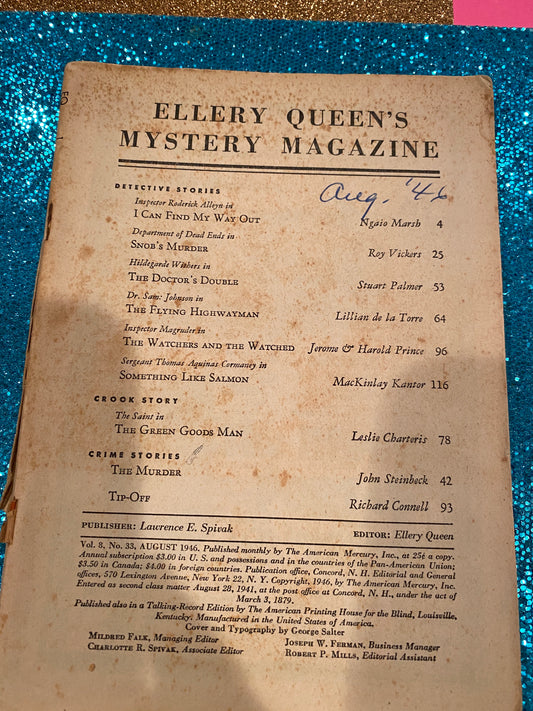 Ellery Queen Mystery Magazine AUG 1946  vol 8 #33   NO COVER