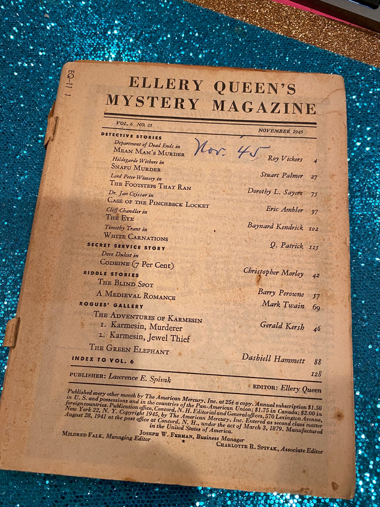 Ellery Queen Mystery Magazine nov 1945  vol 6 #25   NO COVER